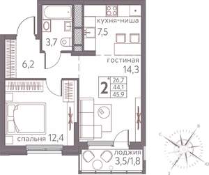 2-к квартира, строящийся дом, 46м2, 11/20 этаж