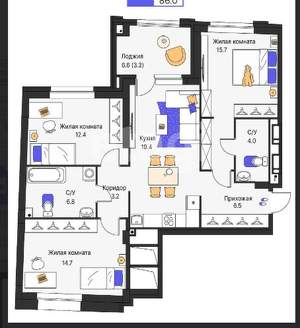 4-к квартира, вторичка, 86м2, 7/19 этаж
