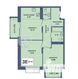 3-к квартира, строящийся дом, 60м2, 7/10 этаж