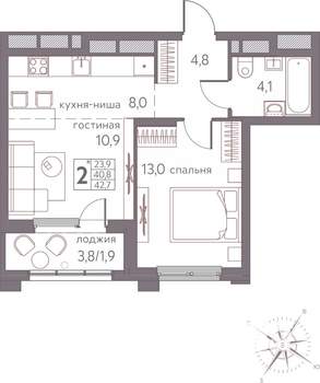 2-к квартира, строящийся дом, 43м2, 11/20 этаж