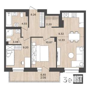 3-к квартира, строящийся дом, 61м2, 20/24 этаж