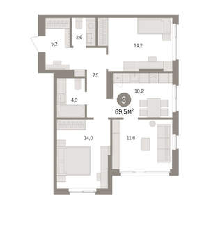 3-к квартира, вторичка, 69м2, 2/16 этаж