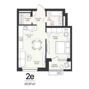 2-к квартира, строящийся дом, 45м2, 2/16 этаж