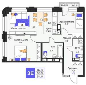 3-к квартира, вторичка, 64м2, 9/19 этаж