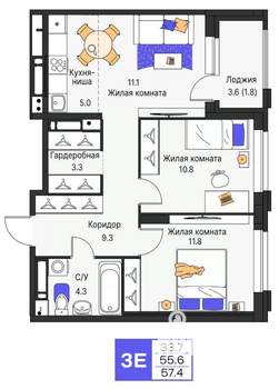 3-к квартира, строящийся дом, 57м2, 24/25 этаж