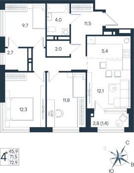 4-к квартира, строящийся дом, 73м2, 12/15 этаж