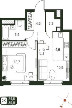 Студия квартира, строящийся дом, 40м2, 2/20 этаж