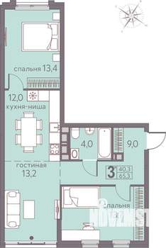 3-к квартира, строящийся дом, 65м2, 15/22 этаж