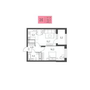 2-к квартира, строящийся дом, 49м2, 5/22 этаж