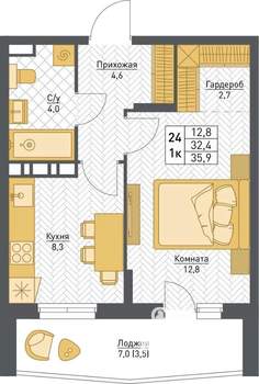 1-к квартира, строящийся дом, 36м2, 4/8 этаж
