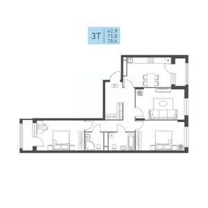 3-к квартира, вторичка, 79м2, 2/22 этаж