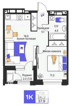1-к квартира, строящийся дом, 38м2, 5/9 этаж