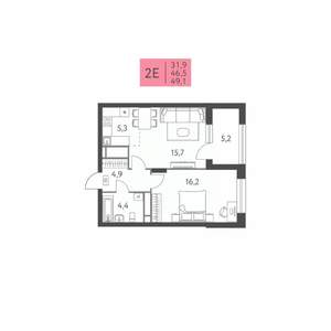 2-к квартира, вторичка, 49м2, 3/22 этаж
