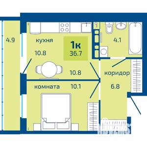 1-к квартира, строящийся дом, 37м2, 6/10 этаж