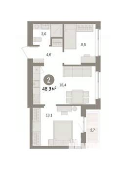 2-к квартира, вторичка, 49м2, 9/16 этаж