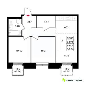 3-к квартира, вторичка, 56м2, 6/25 этаж