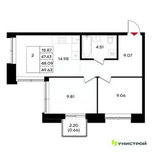 2-к квартира, вторичка, 48м2, 19/25 этаж