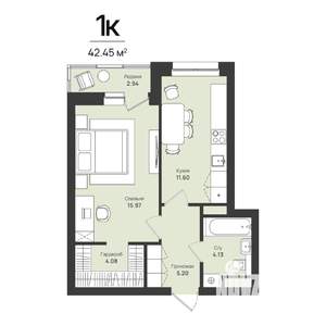 1-к квартира, строящийся дом, 42м2, 6/16 этаж
