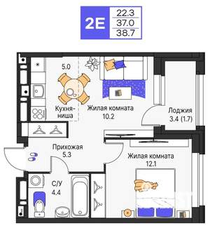 2-к квартира, строящийся дом, 39м2, 15/16 этаж