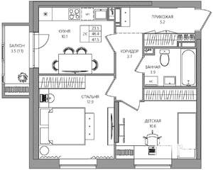 2-к квартира, вторичка, 48м2, 9/22 этаж