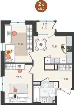 2-к квартира, вторичка, 48м2, 8/25 этаж