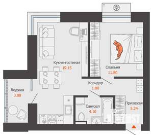 1-к квартира, вторичка, 44м2, 5/9 этаж