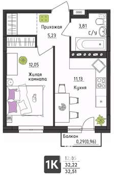 1-к квартира, строящийся дом, 33м2, 1/4 этаж
