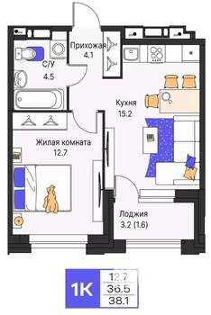 1-к квартира, строящийся дом, 38м2, 12/16 этаж