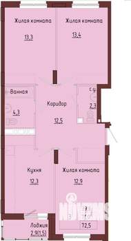 3-к квартира, строящийся дом, 74м2, 9/9 этаж