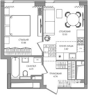 2-к квартира, строящийся дом, 37м2, 10/28 этаж