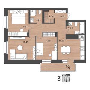3-к квартира, строящийся дом, 72м2, 13/24 этаж