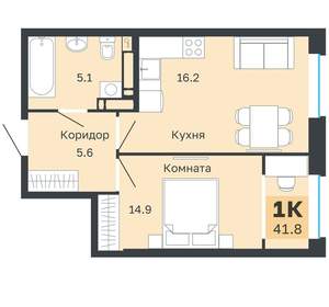 1-к квартира, вторичка, 42м2, 16/18 этаж