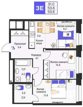3-к квартира, строящийся дом, 54м2, 2/25 этаж