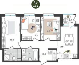3-к квартира, вторичка, 64м2, 21/25 этаж