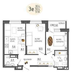 3-к квартира, строящийся дом, 52м2, 20/25 этаж