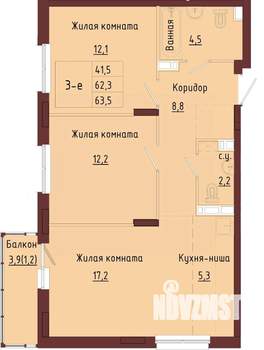 3-к квартира, строящийся дом, 66м2, 5/9 этаж