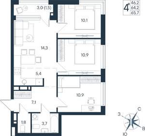 4-к квартира, строящийся дом, 66м2, 10/15 этаж