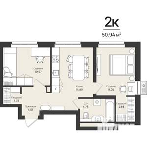 2-к квартира, строящийся дом, 51м2, 3/16 этаж