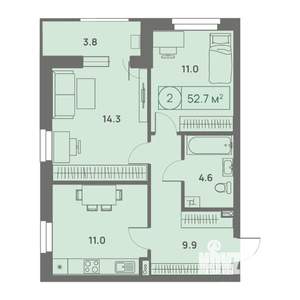 2-к квартира, вторичка, 53м2, 10/25 этаж